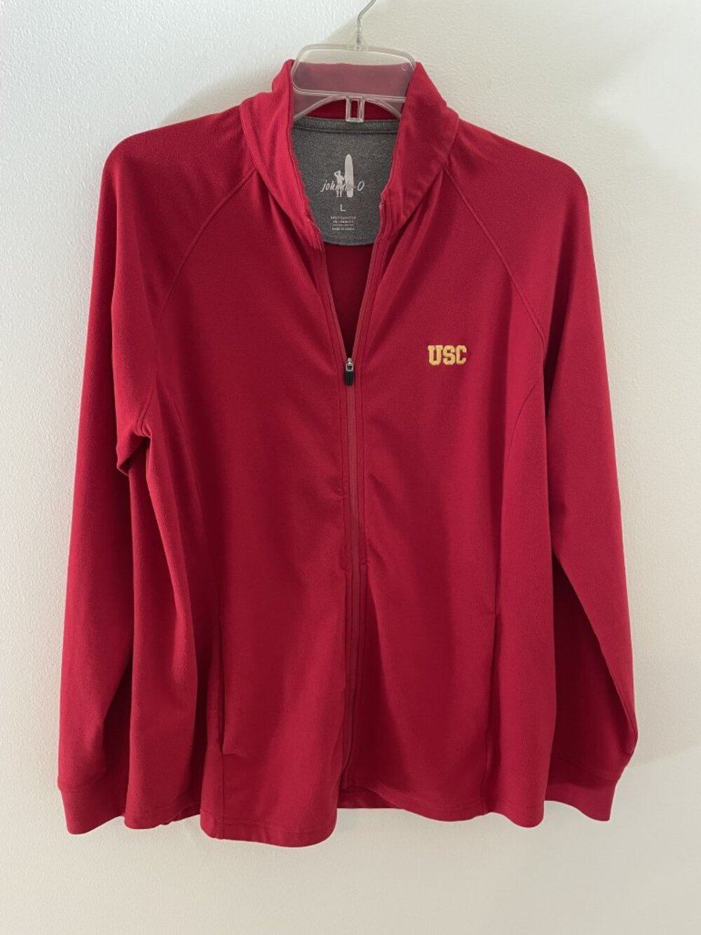 Johnnie-O mens L fleece zip up jacket USC logo Maroon, front pockets